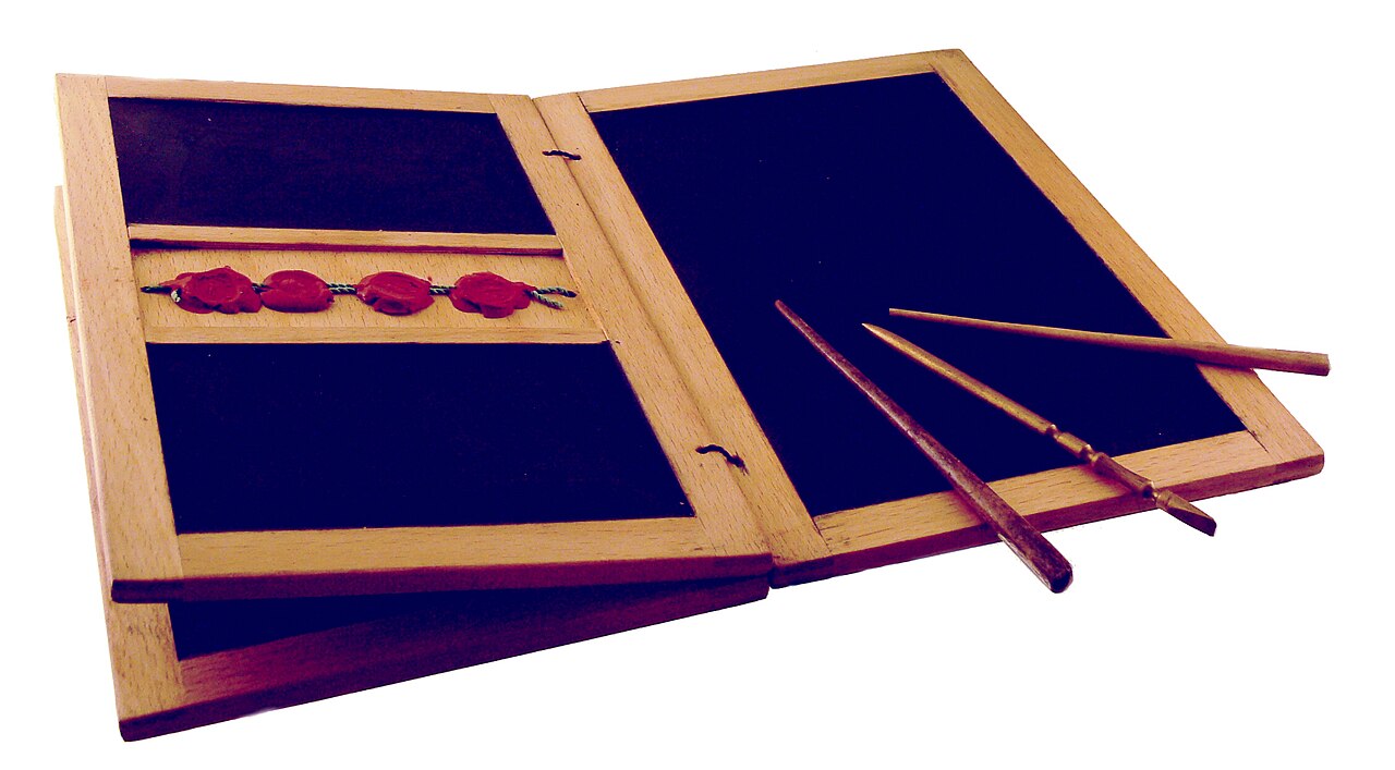 Reproduction of a Roman wax tablet with three styli